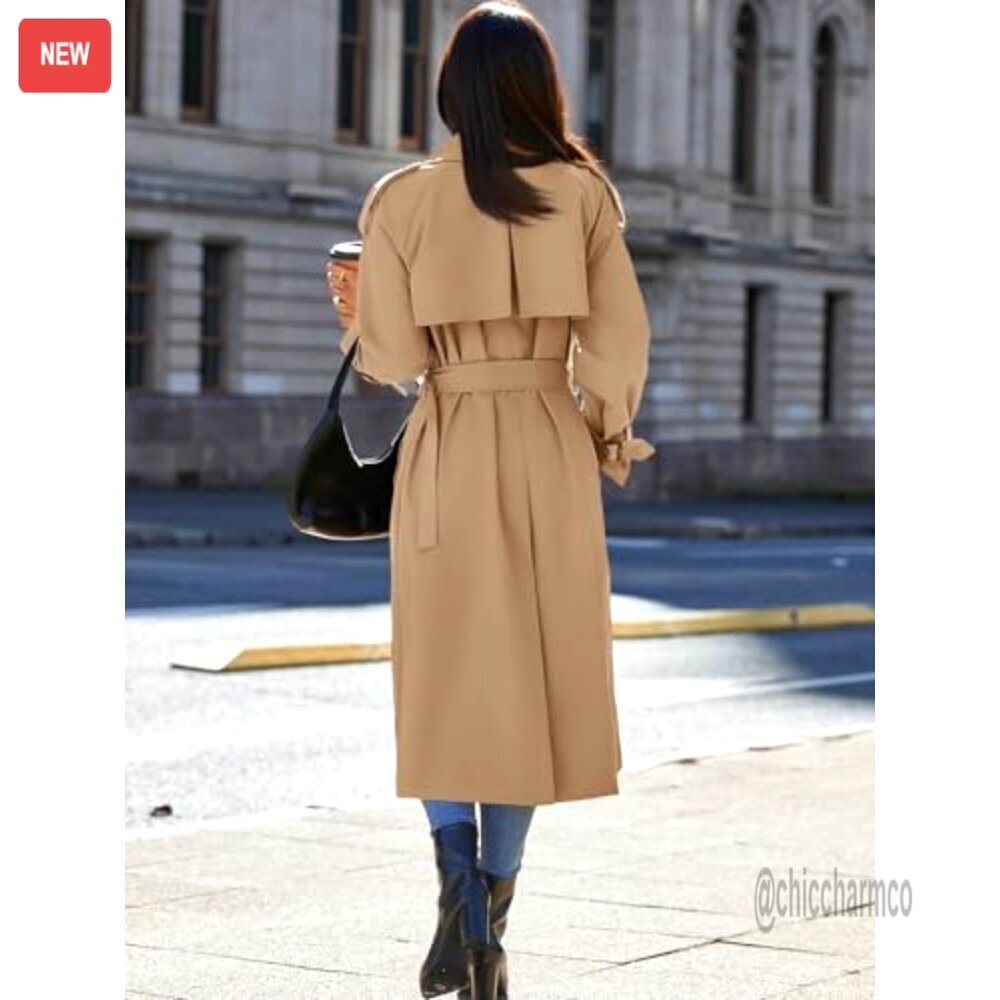 Long Trench Coat Double Breasted Classic Lapel Overcoat with Belt - Picture 6 of 7